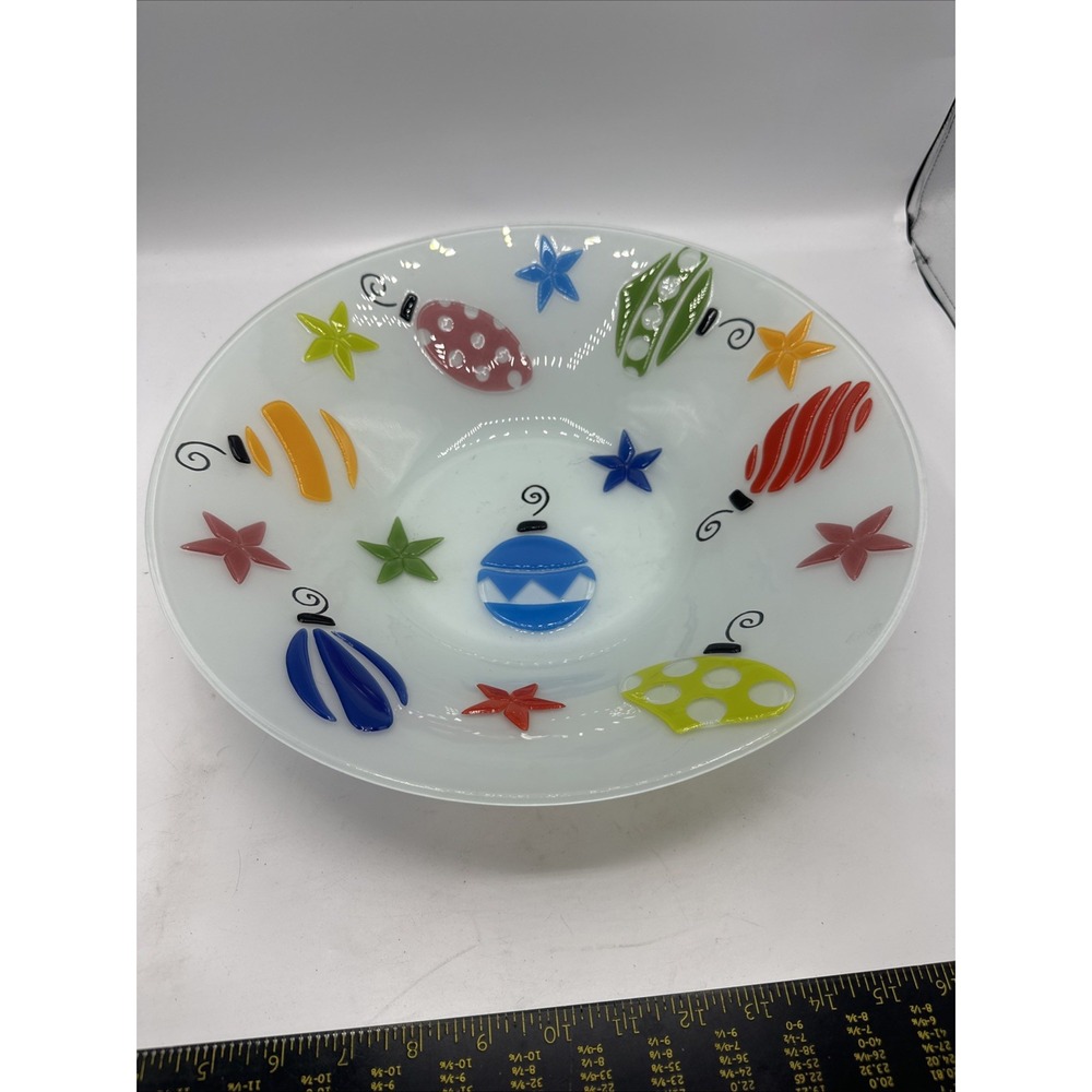 Glass Christmas Bowl With Fused Art Glass Ornaments 14" X 3 1/2" Deep